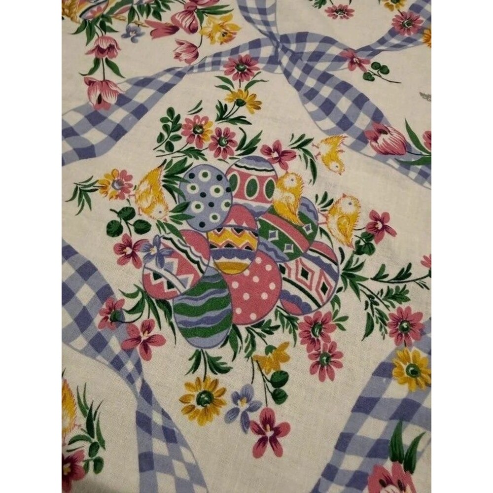 Vintage 1994 Fashion Industries Easter Tablecloth Bunny Eggs Gingham Bows Cotton